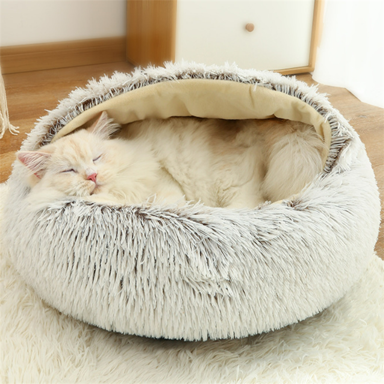 Wholesale Hot Custom Faux Fur Comfortable Washable Luxury Fluffy Plush Pet Cave Cat Dog Beds Round D(圖1)